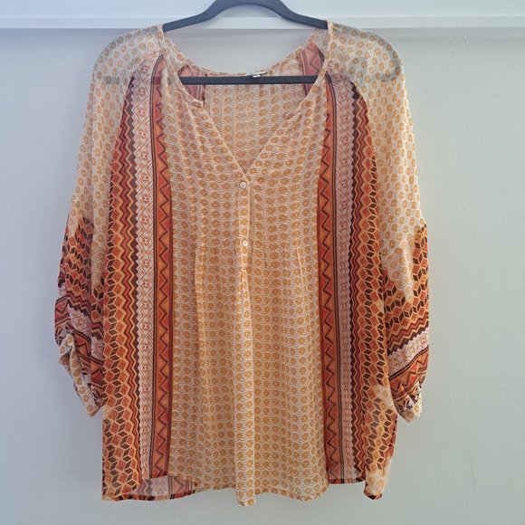 Joie Tops - JOIE  Orange Abstract Print Semi Sheer V-neck Blouse
